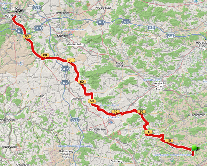 Die Route heute in der Grobansicht, über Bad WIndsheim.