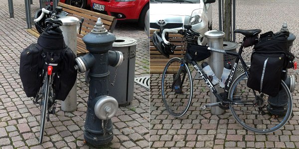 So sah mein Rad mit der großen Tasche (22 l, 8 kg Gepäck) aus – aufgenommen in Bischofsheim bei der ersten Pause.