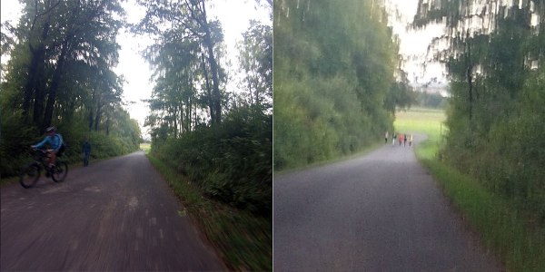 … doch dann das: Die schöne Abfahrt im Waldstück versauen mir vier minderjährige Dorfschranzen, die aus dem Acker rechts auf die Straße treten, eine lose Viererkette bildend auf mich (55 km/h) zulaufen und mich (45 km/h) ignorieren, obwohl ich (35 km/h) immer näher komme, so dass ich mich (25 km/h) fast aufrecht aufsetze, den rechten Arm hebe (15 km/h), winke (13 km/h) und »Hallo« rufe (10 km/h). Ein Wabern geht durch die Viererkette, die Körper biegen sich, aber halten wacker spur, so dass ich schließlich mit Schrittgeschwindigkeit links vorbeifahre und ein verärgertes »Guten Morgen« kurz vor 18 Uhr durch die gefletschten Zähne presse. Boah, Mann: Ich hatte mich so gefreut, die Gesichter nicht mit schwarzen Balken, sondern schön gemaserten Holzbrettern zu anonymisieren, aber die Grazien sind nur auf diesem einen Bild zu sehen (links die 5. ist unschuldig und läuft bergab – bitte genau hinsehen: sie läuft im Grünstreifen!).